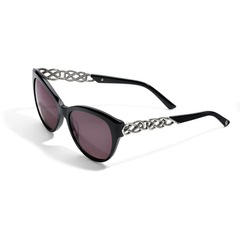 Brighton cat-eye sunglasses with black frames, purple-tinted lenses, and silver-tone Celtic knot temple detail on a white background