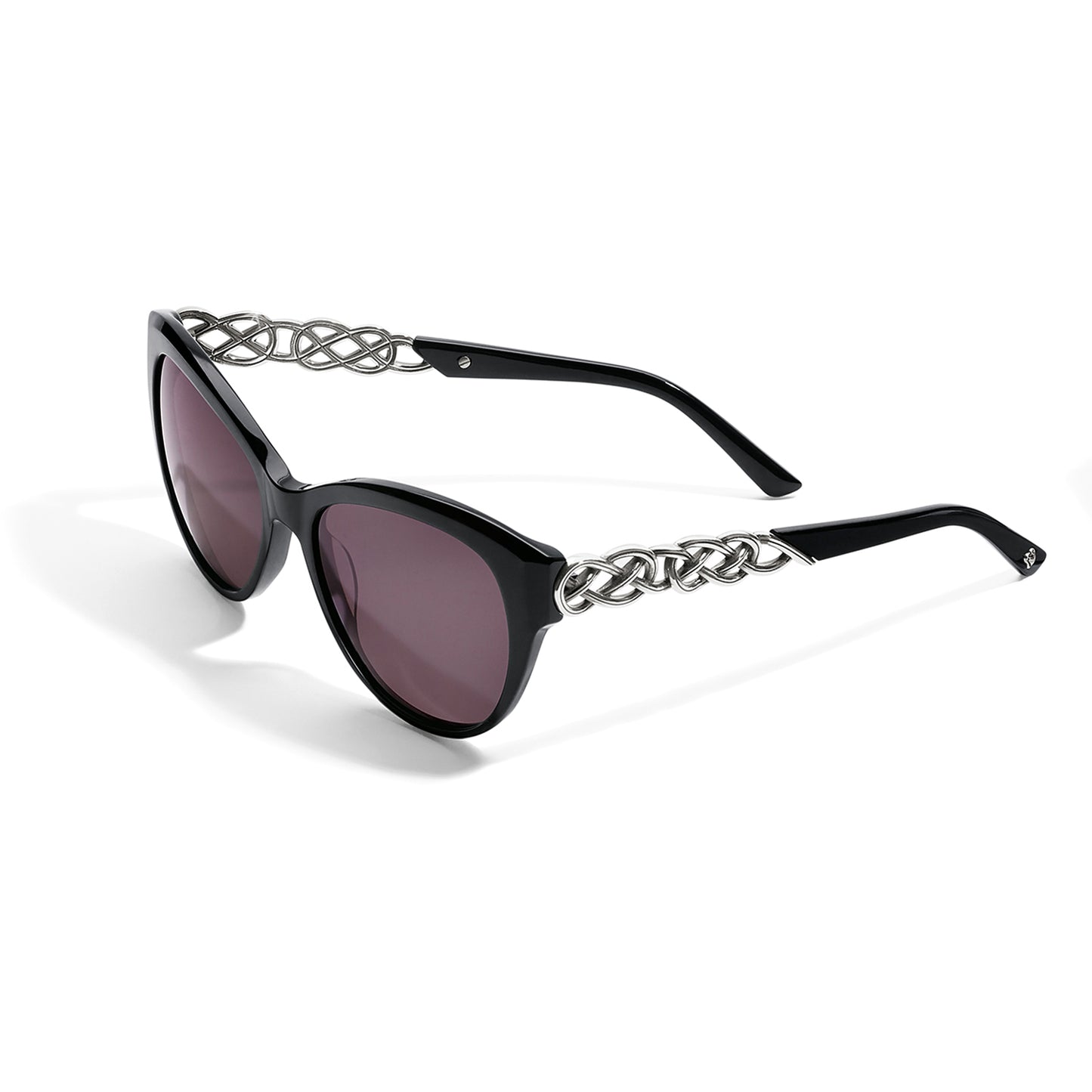 Brighton cat-eye sunglasses with black frames, purple-tinted lenses, and silver-tone Celtic knot temple detail on a white background