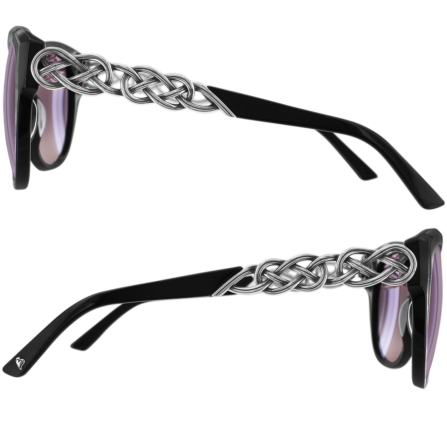 Brighton sunglasses with black frames, gradient lenses, and silver-tone braided temple details shown from both sides on a white background