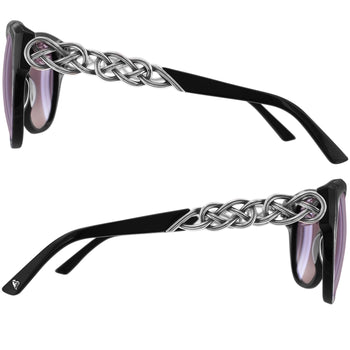 Brighton sunglasses with black frames, gradient lenses, and silver-tone braided temple details shown from both sides on a white background