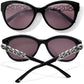 Brighton black cat-eye sunglasses shown from front and back with silver-tone braided chain temple detail on a white background