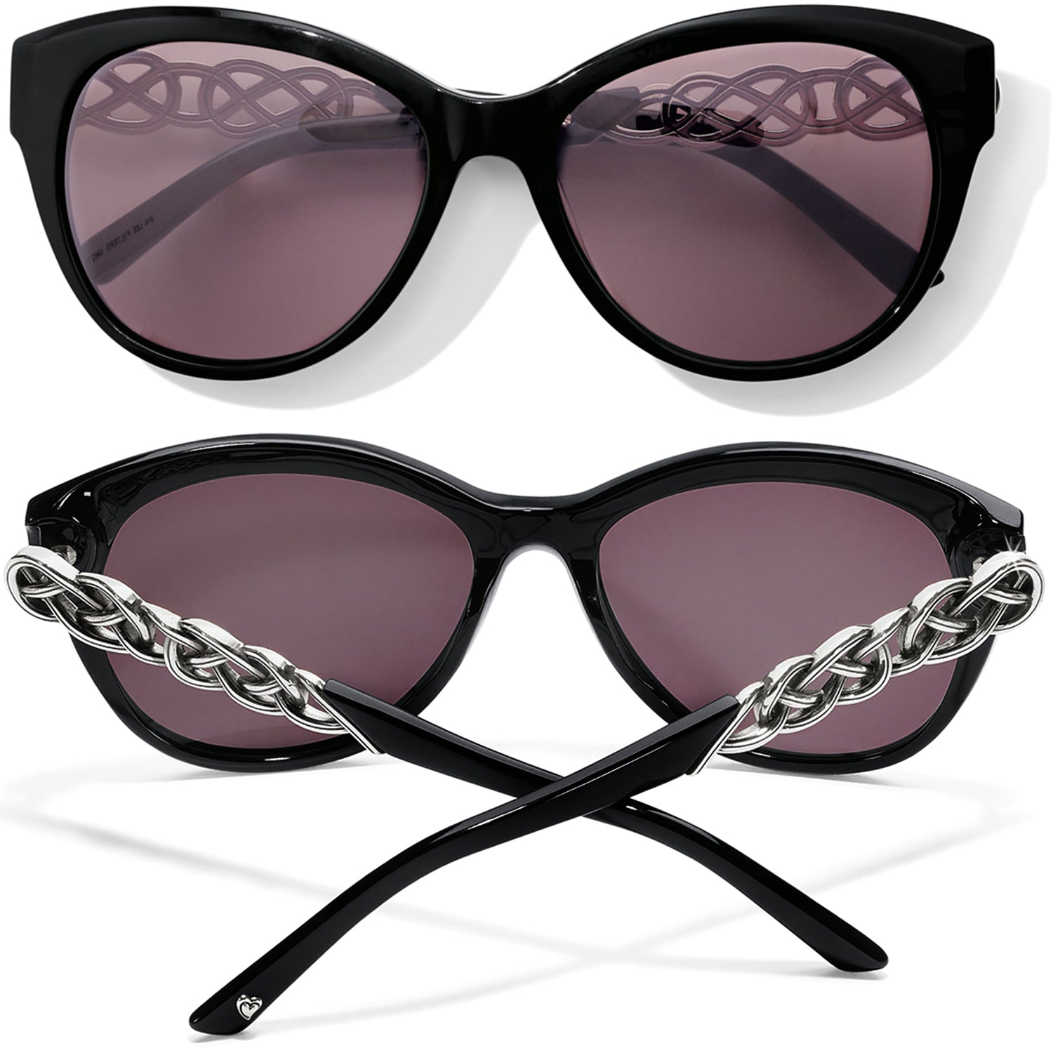 Brighton black cat-eye sunglasses shown from front and back with silver-tone braided chain temple detail on a white background