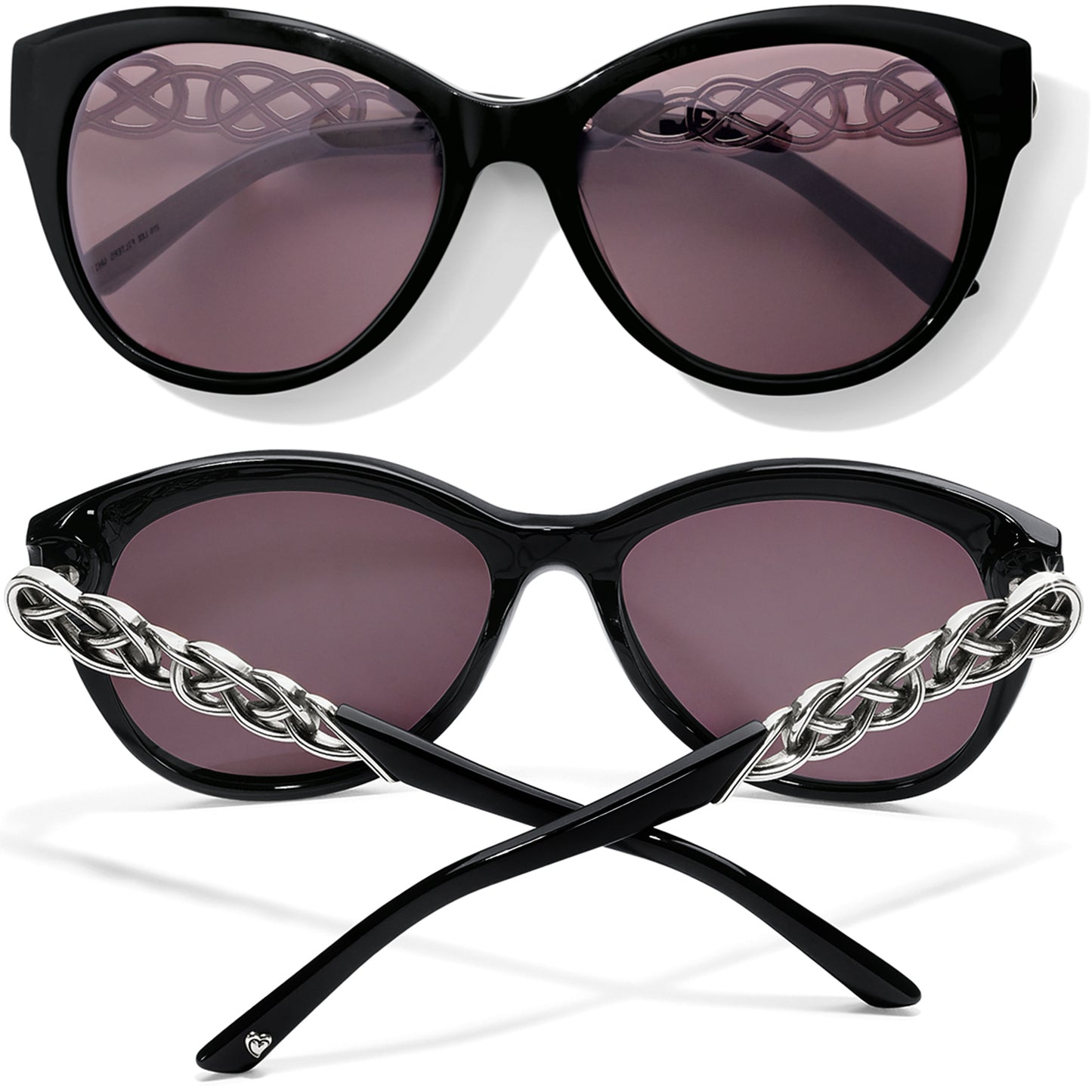 Brighton black cat-eye sunglasses shown from front and back with silver-tone braided chain temple detail on a white background