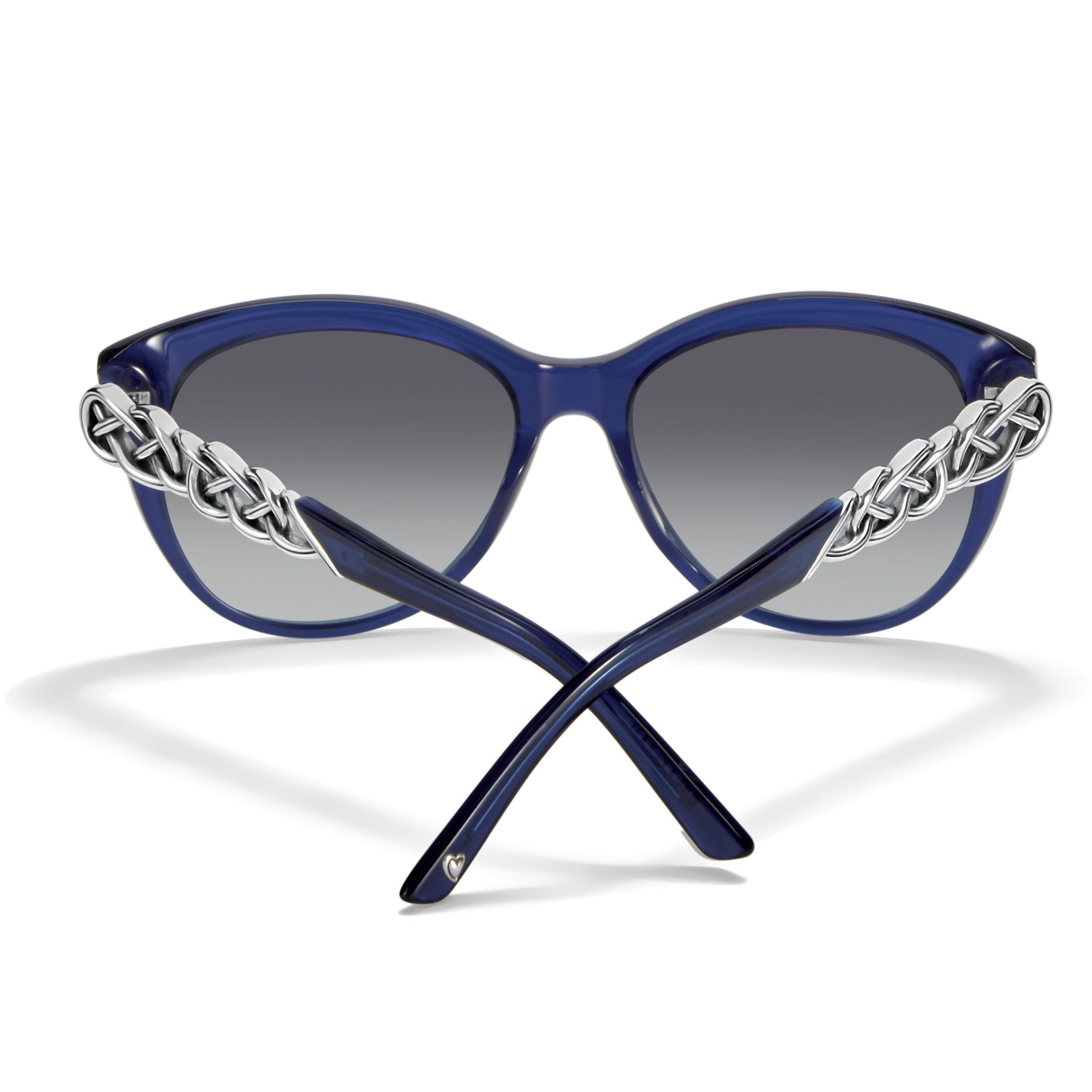 Brighton sunglasses shown from the back with blue frames and silver-tone braided chain temple detail on a white background