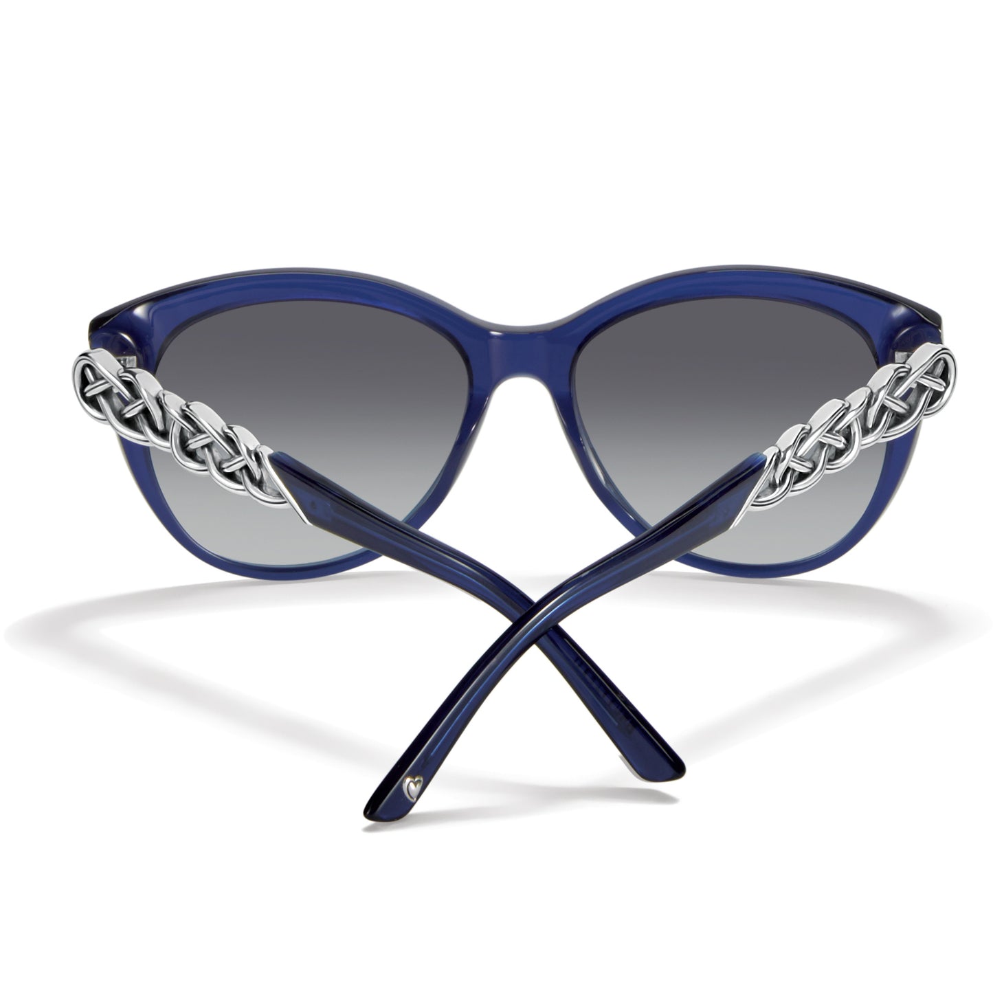 Brighton sunglasses shown from the back with blue frames and silver-tone braided chain temple detail on a white background