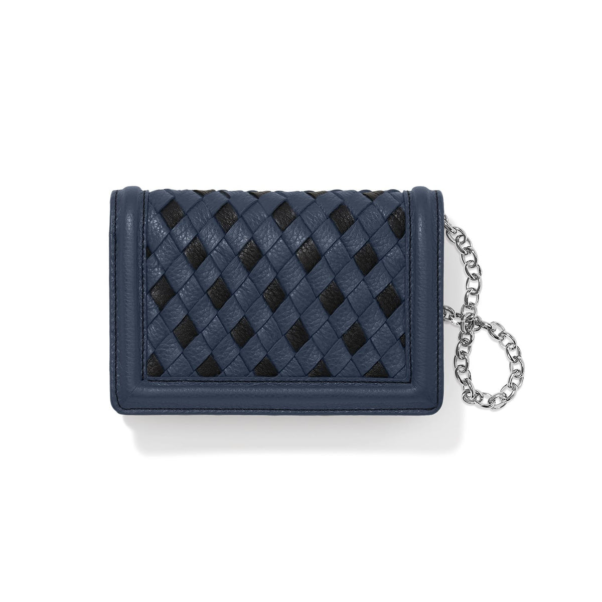 Brighton wallet with navy and black woven leather design, framed edges, and silver-tone chain on a white background