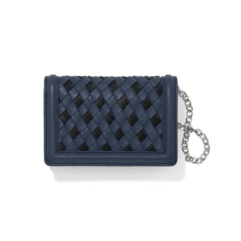 Brighton wallet with navy and black woven leather design, framed edges, and silver-tone chain on a white background