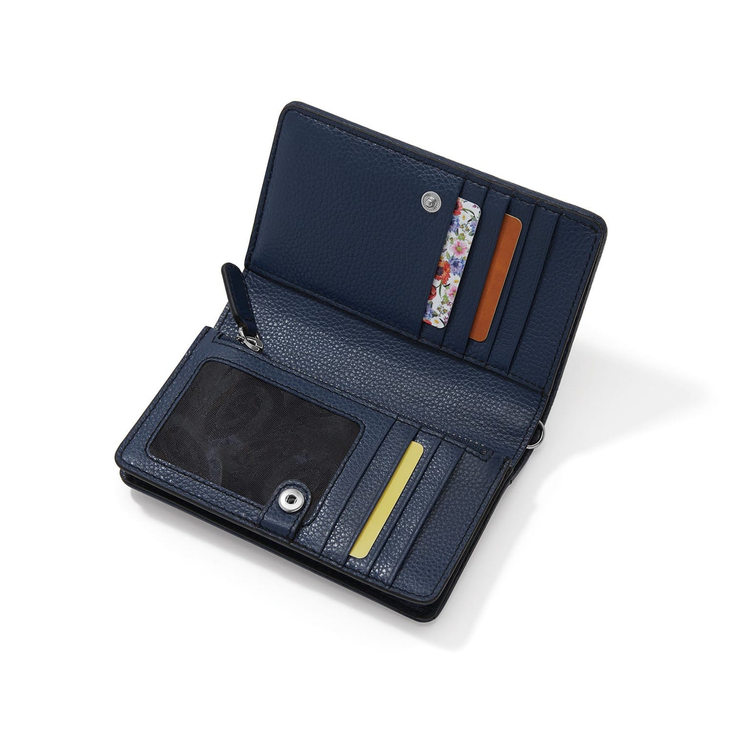 Brighton navy leather wallet shown open with card slots, ID window, and snap closure on a white background