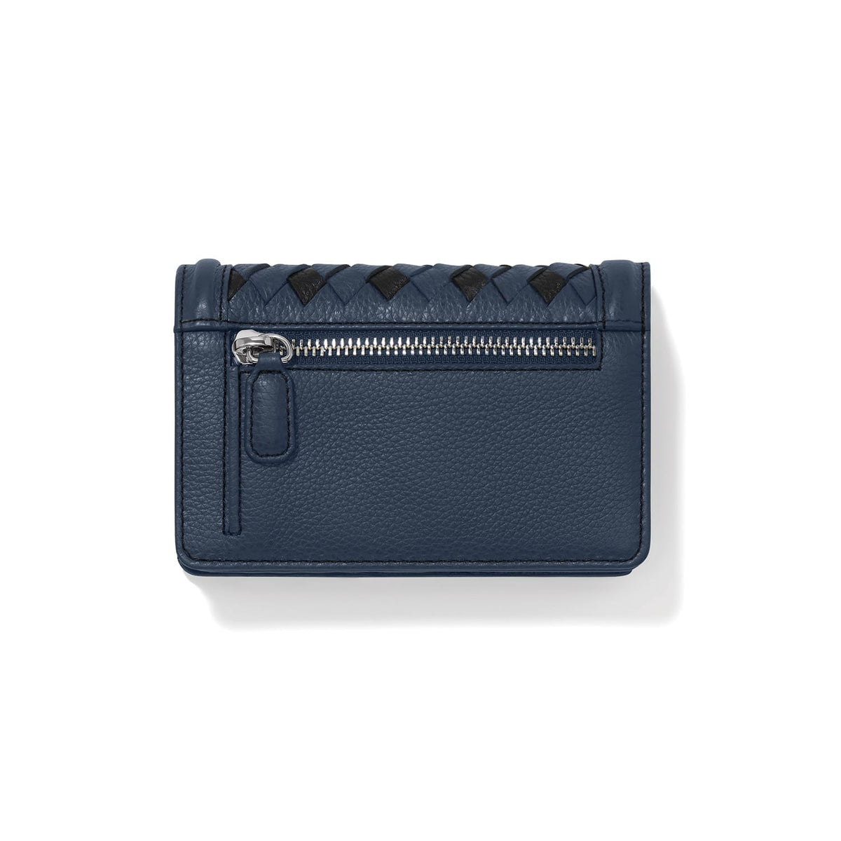 Brighton navy leather wallet shown from the back with zippered pocket and woven trim detail on a white background