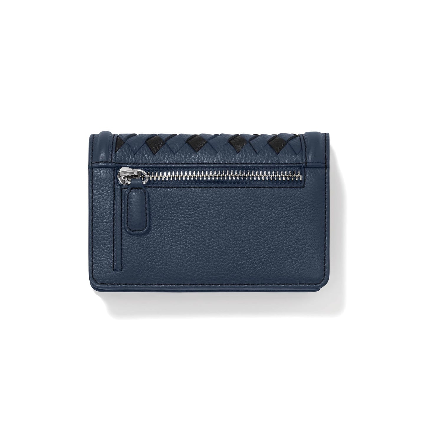 Brighton navy leather wallet shown from the back with zippered pocket and woven trim detail on a white background