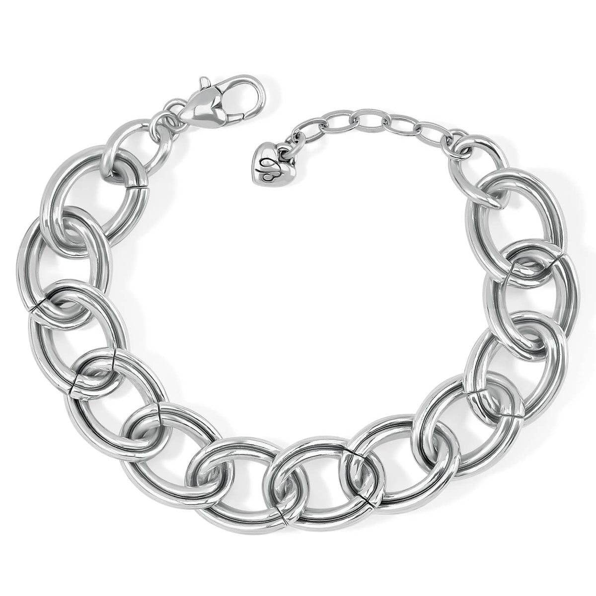 Brighton chain link bracelet with silver-plated oval links, lobster clasp, and heart charm on a white background