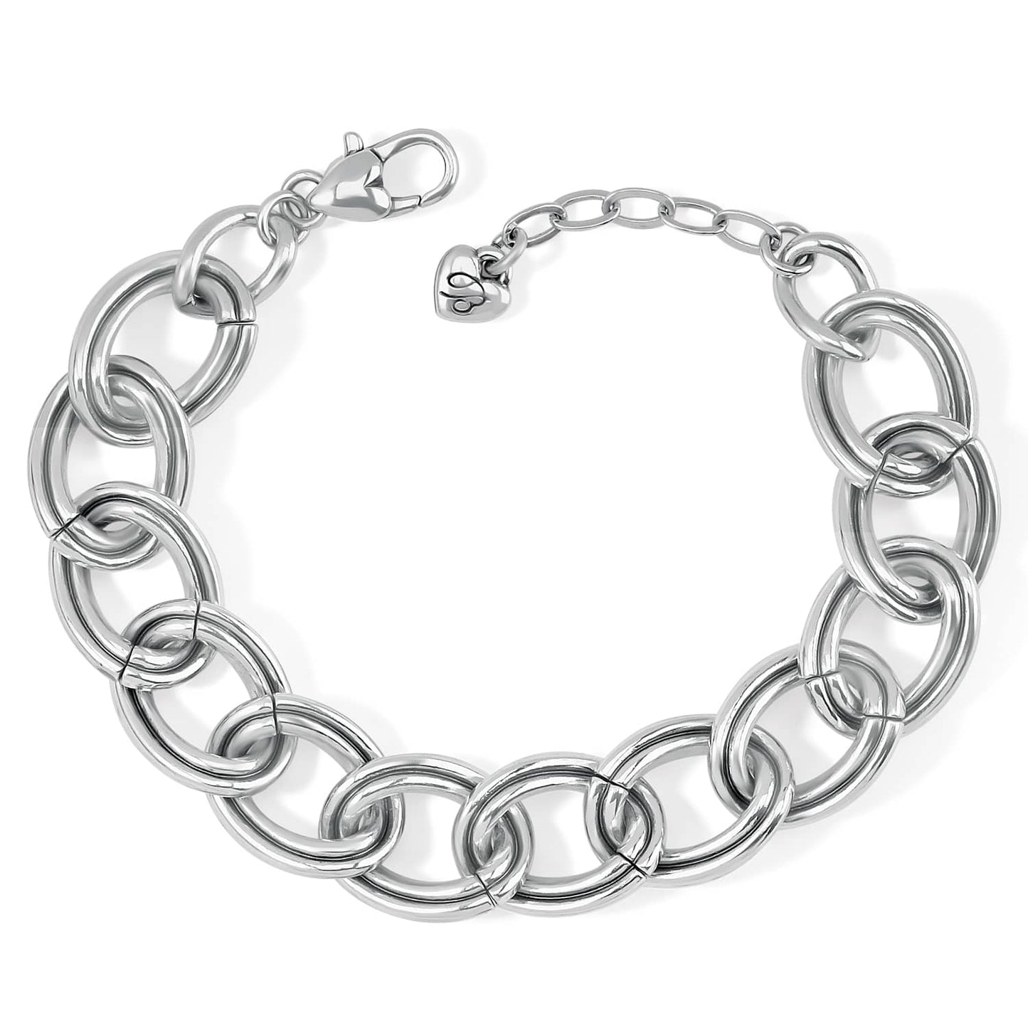 Brighton chain link bracelet with silver-plated oval links, lobster clasp, and heart charm on a white background