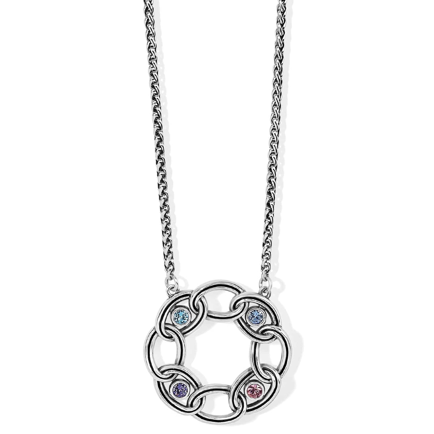 Brighton pendant necklace with silver-plated interlocking circles and blue, purple, and pink crystals on a white background