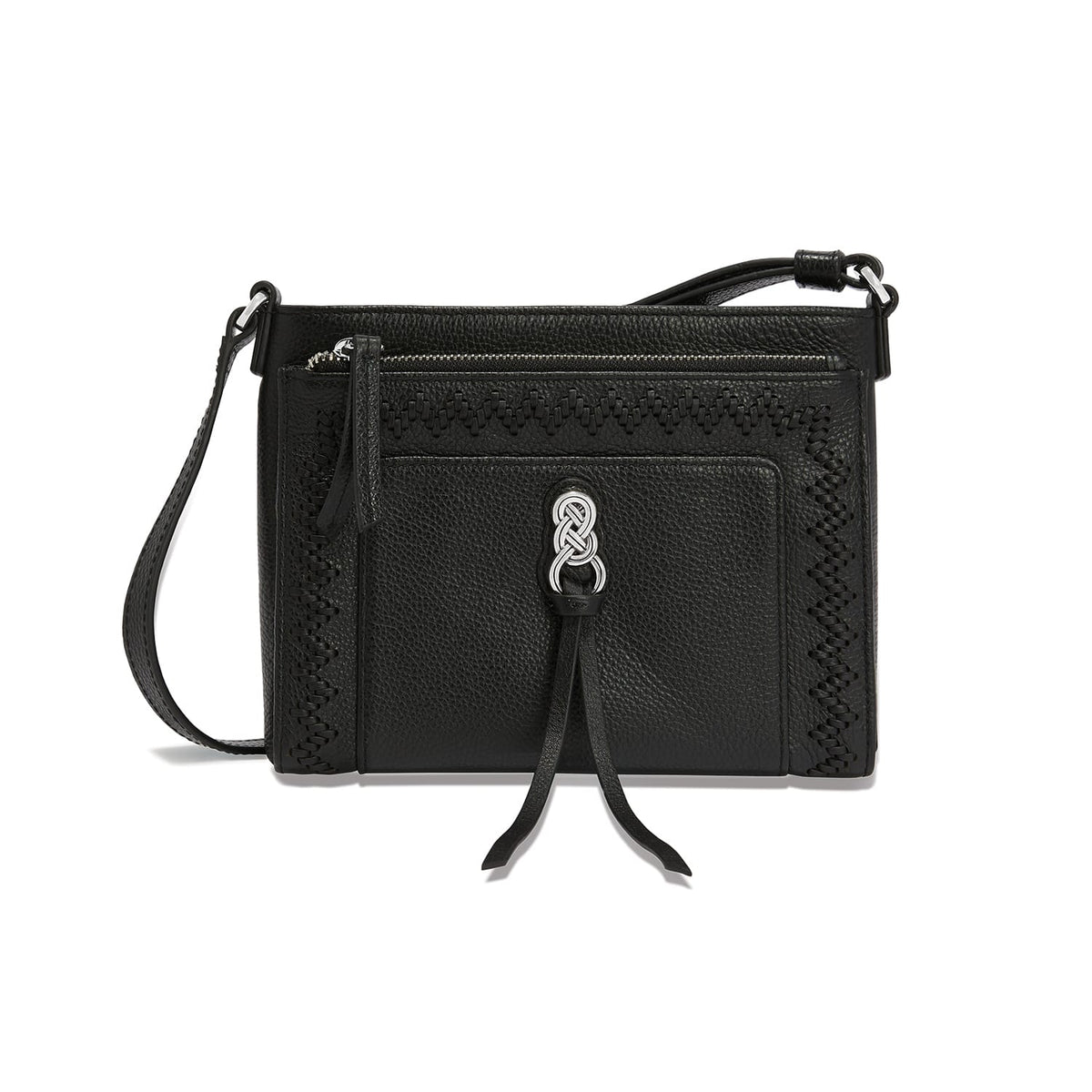 Brighton black pebbled leather crossbody handbag with woven trim, silver-tone knot accent, and leather tassel on a white background