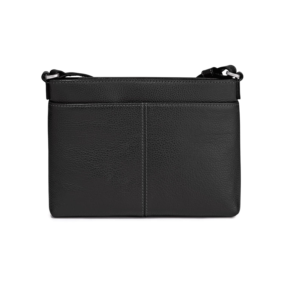 Brighton handbag shown from the back in black pebbled leather with center stitching and adjustable strap on a white background