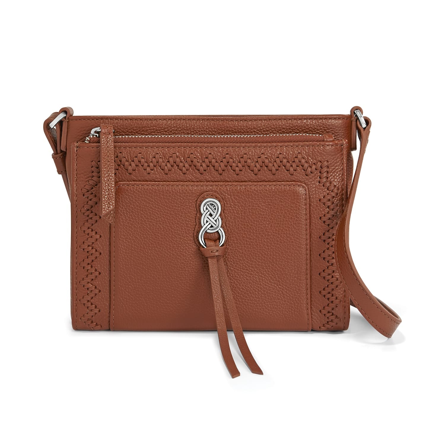 Brighton crossbody handbag in brown leather with woven trim, silver-tone knot accent, and adjustable strap on a white background