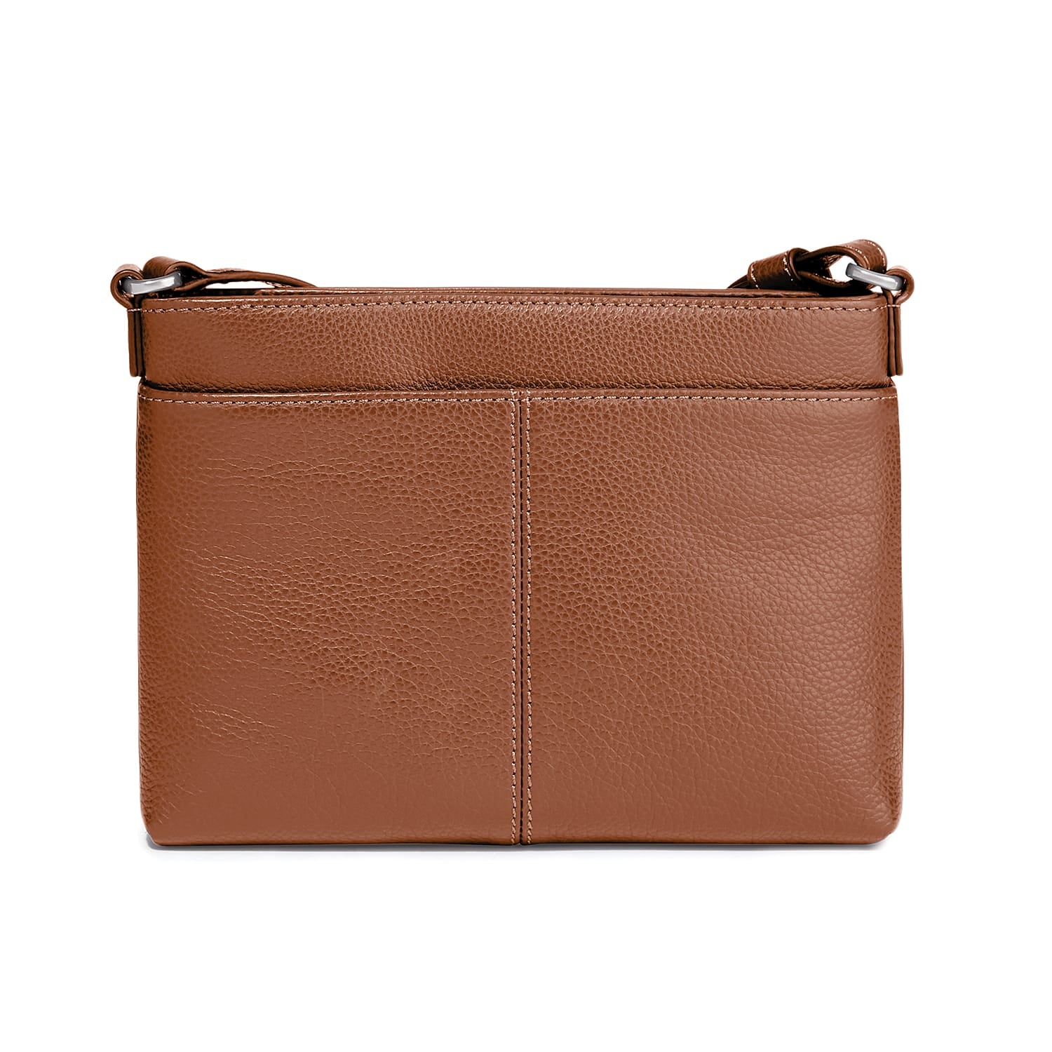 Brighton crossbody handbag shown from the back in tan pebbled leather with center stitching detail on a white background