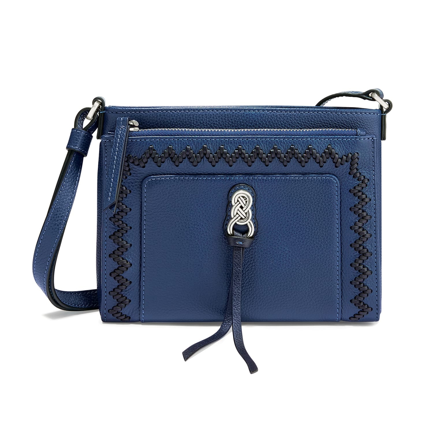 Brighton crossbody handbag in blue leather with whipstitch trim, silver-tone knot accent, and adjustable strap on a white background