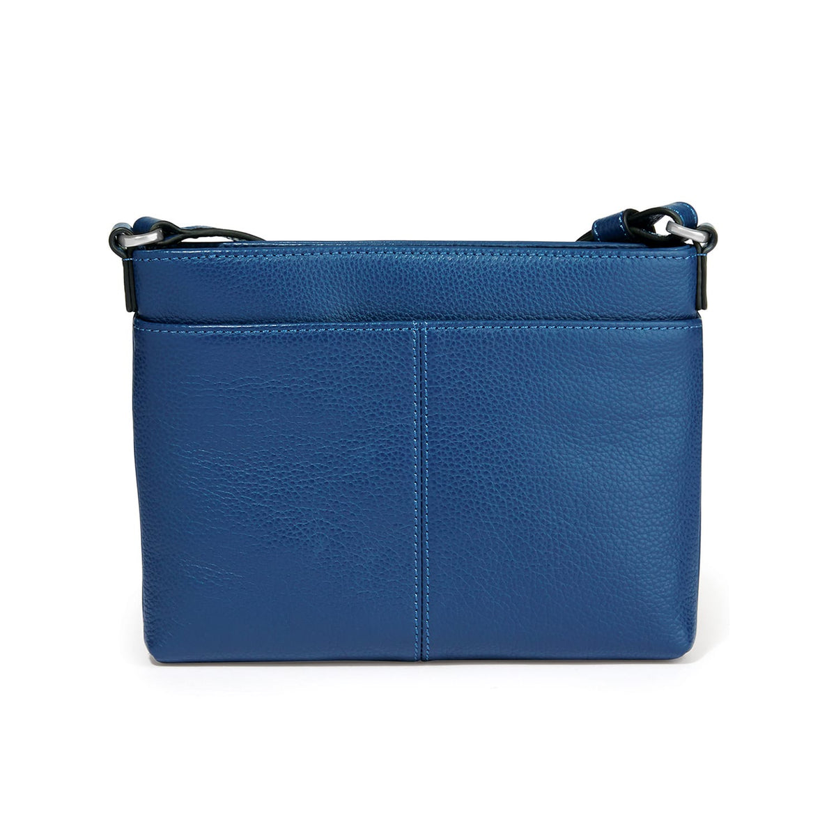 Brighton handbag shown from the back in blue pebbled leather with center seam stitching on a white background