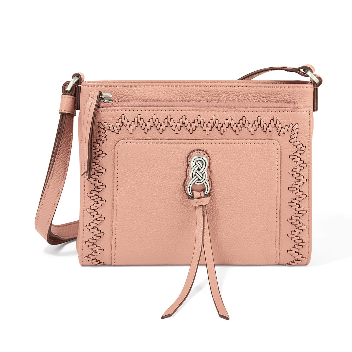 Brighton pink leather crossbody handbag with whipstitch trim, silver-tone knot accent, and adjustable strap on a white background