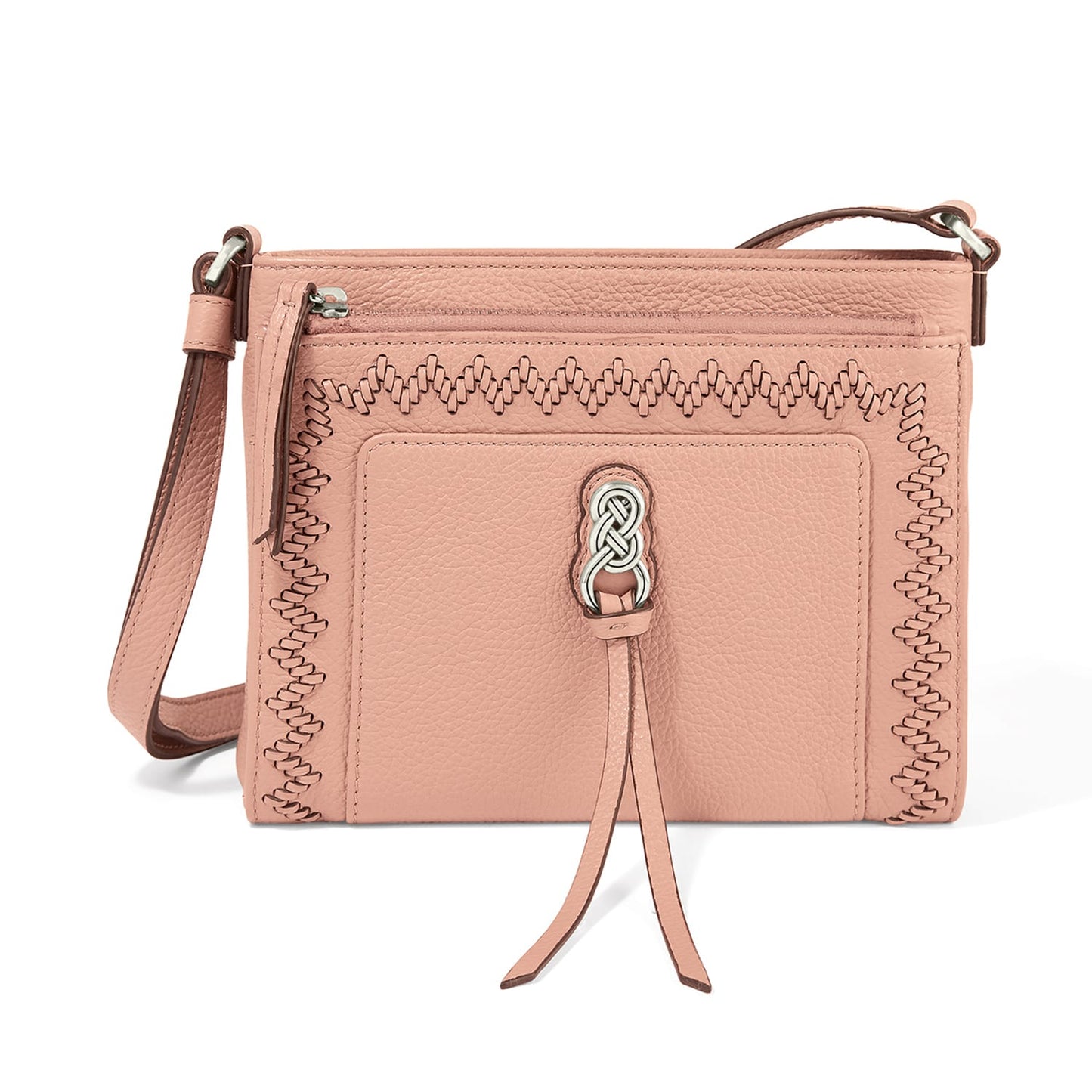 Brighton pink leather crossbody handbag with whipstitch trim, silver-tone knot accent, and adjustable strap on a white background