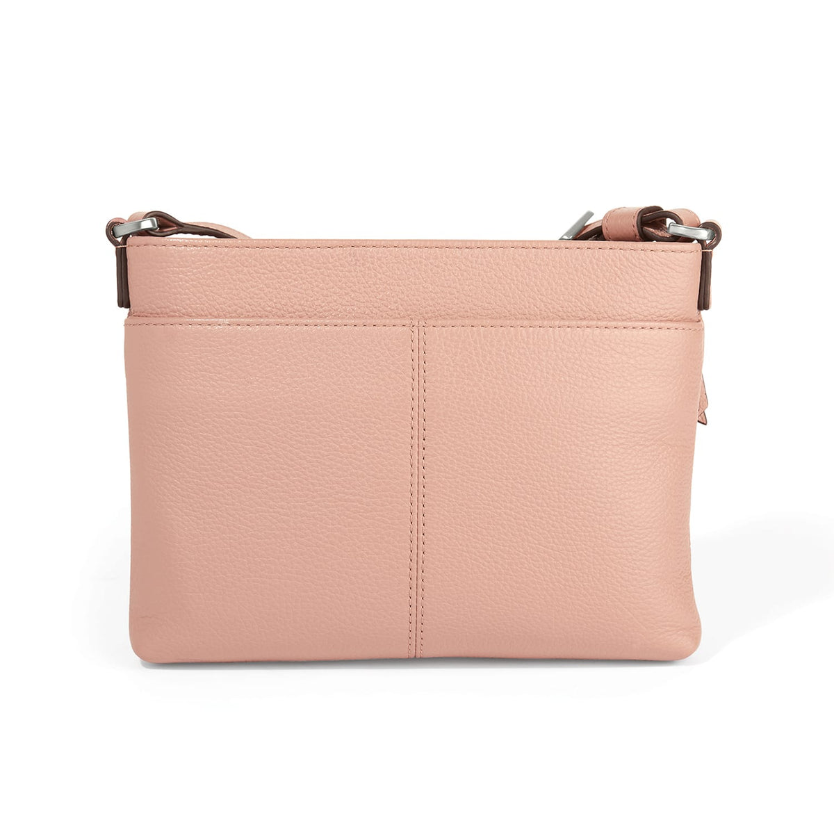 Brighton crossbody handbag shown from the back in pink pebbled leather with center seam stitching on a white background