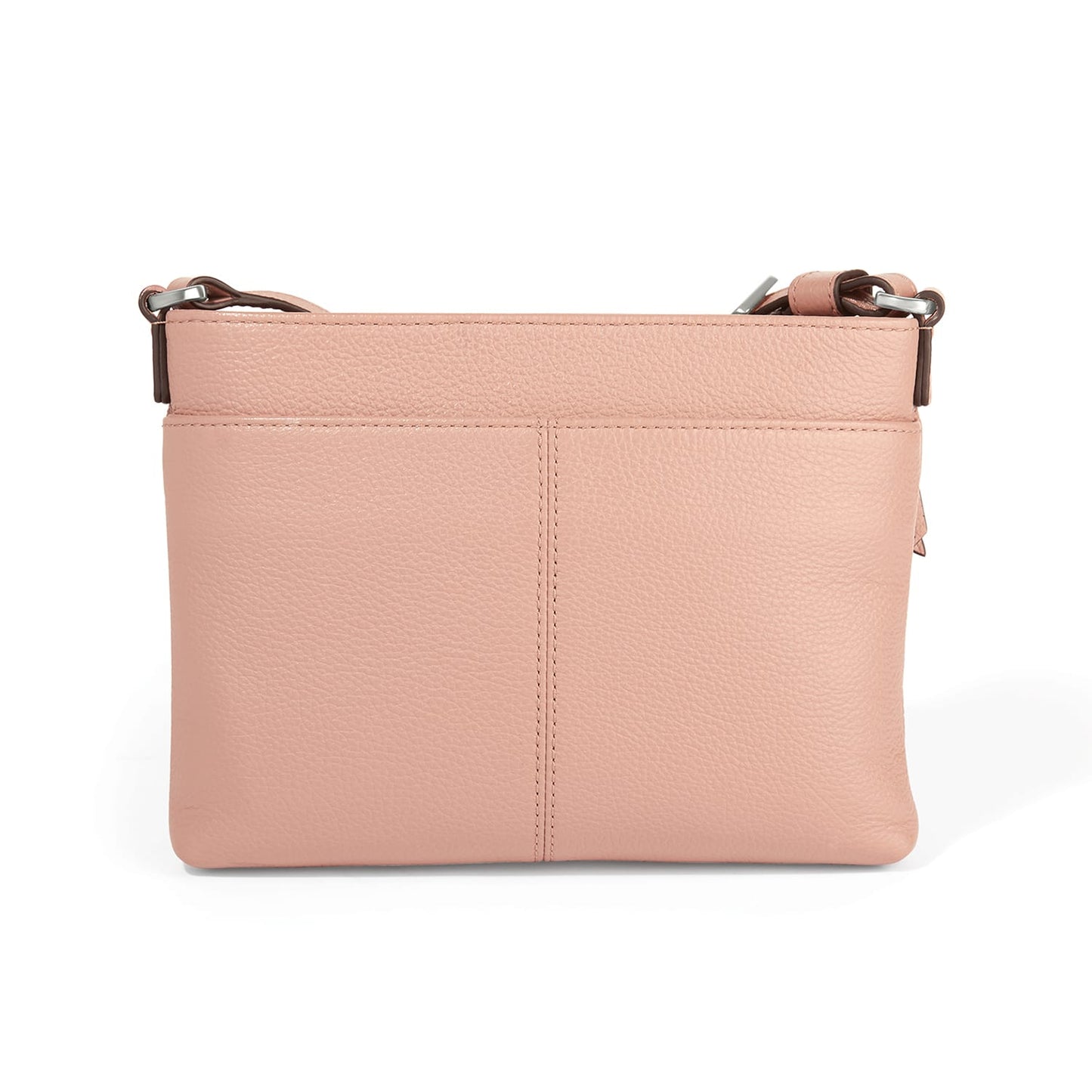 Brighton crossbody handbag shown from the back in pink pebbled leather with center seam stitching on a white background