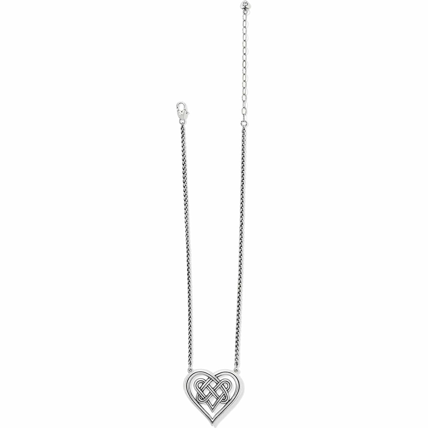Brighton necklace with silver-plated interwoven Celtic knot heart pendant and delicate chain on a white background