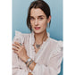 Model wearing a Brighton silver-plated heart pendant necklace with coordinating Brighton earrings, ring, watch, and bracelet