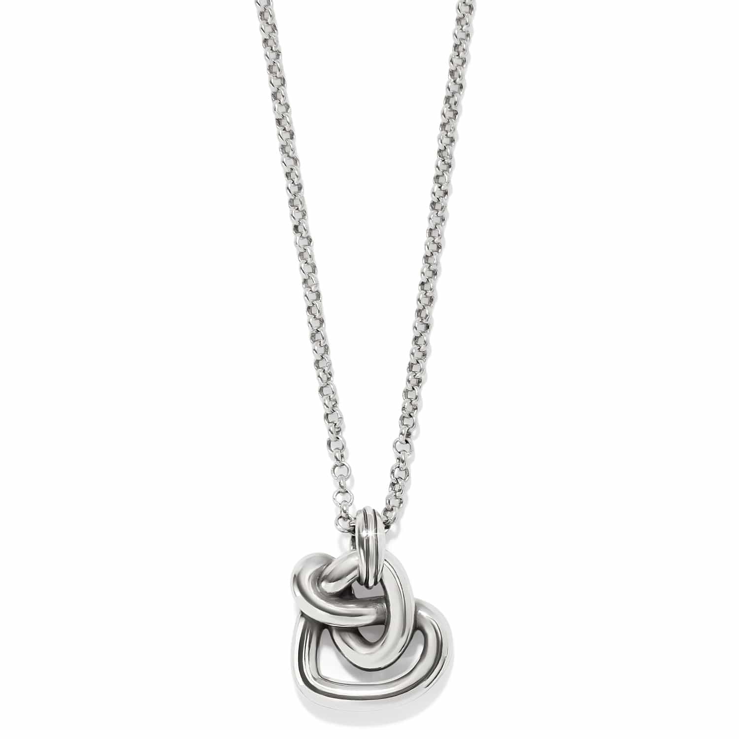Brighton pendant necklace with silver-plated interlocking knot design on a rolo chain on a white background
