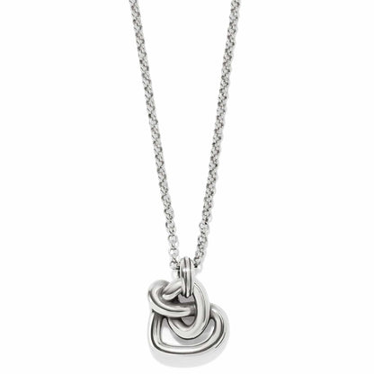 Brighton pendant necklace with silver-plated interlocking knot design on a rolo chain on a white background
