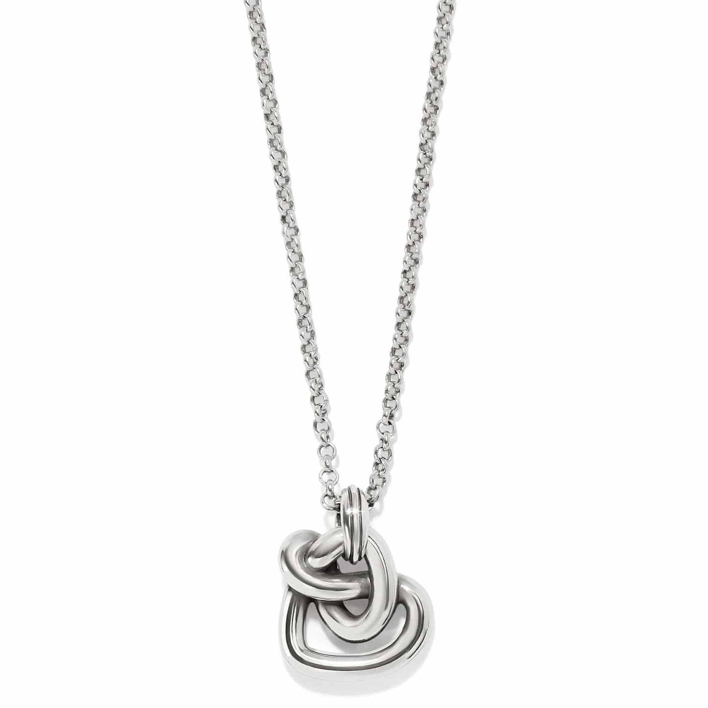 Brighton pendant necklace with silver-plated interlocking knot design on a rolo chain on a white background