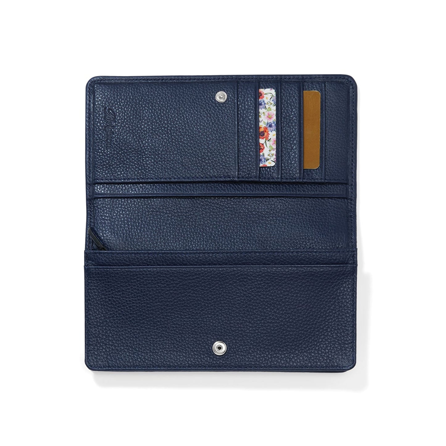 Brighton navy leather wallet shown open with interior card slots, billfold compartment, and snap closure on a white background