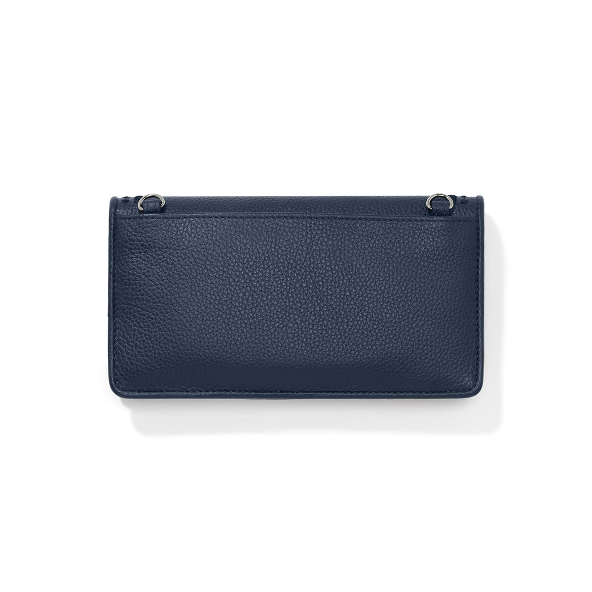 Brighton navy pebbled leather wallet shown from the back with silver-tone D-rings on a white background