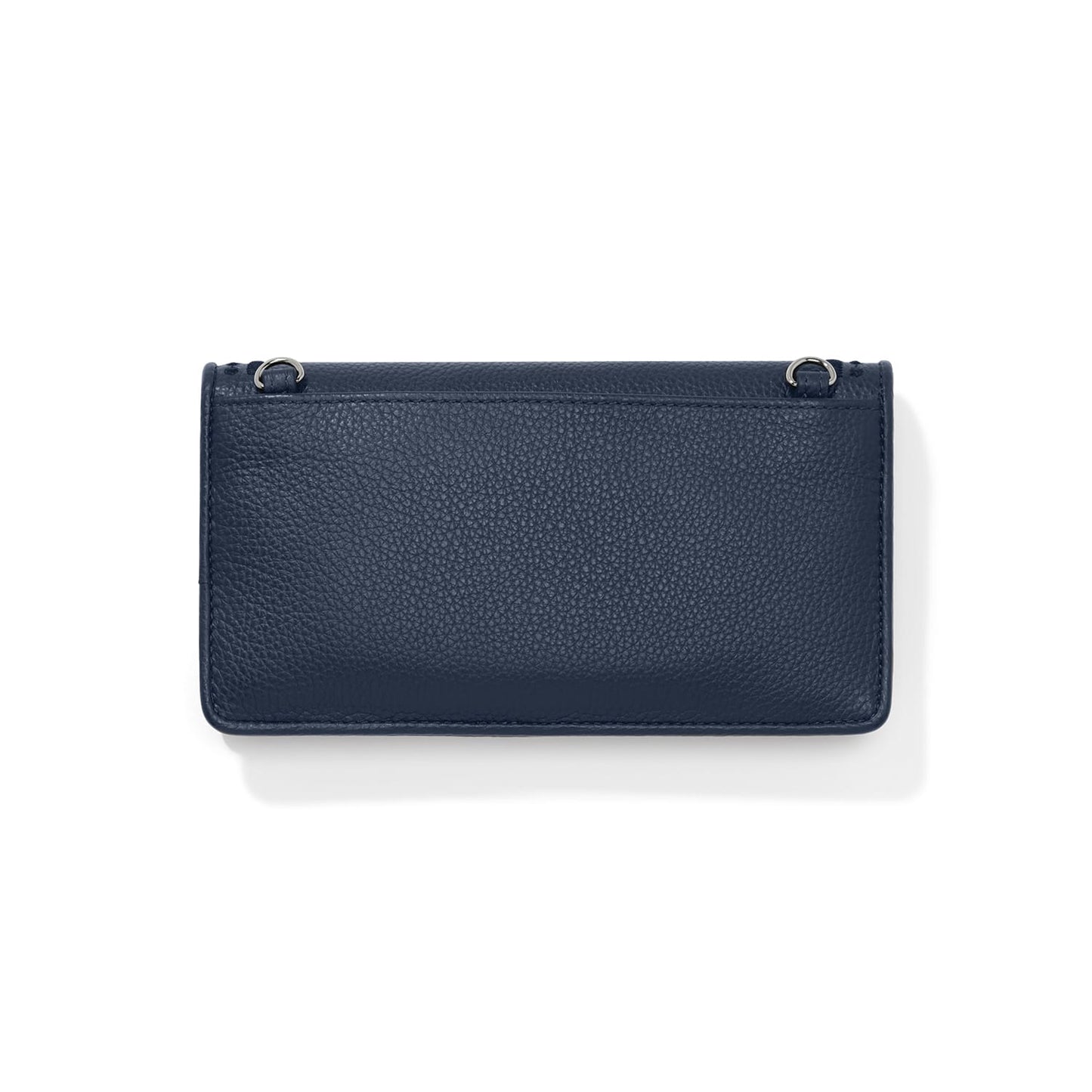 Brighton navy pebbled leather wallet shown from the back with silver-tone D-rings on a white background