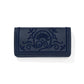Brighton wallet in navy pebbled leather with tonal embroidered floral scroll medallion and dotted border on a white background