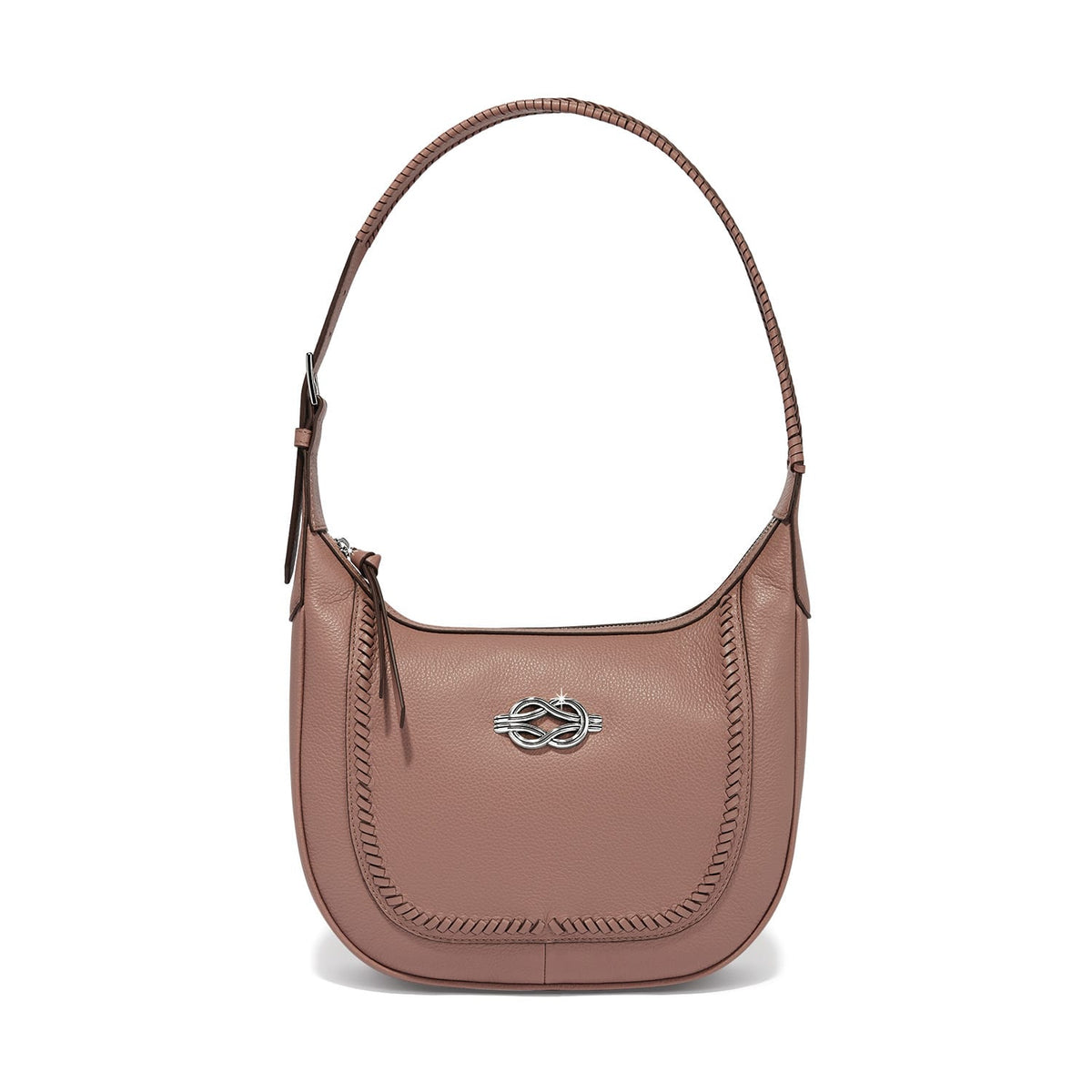 Brighton shoulder handbag in dusty pink leather with whipstitch trim and silver-tone knot emblem on a white background