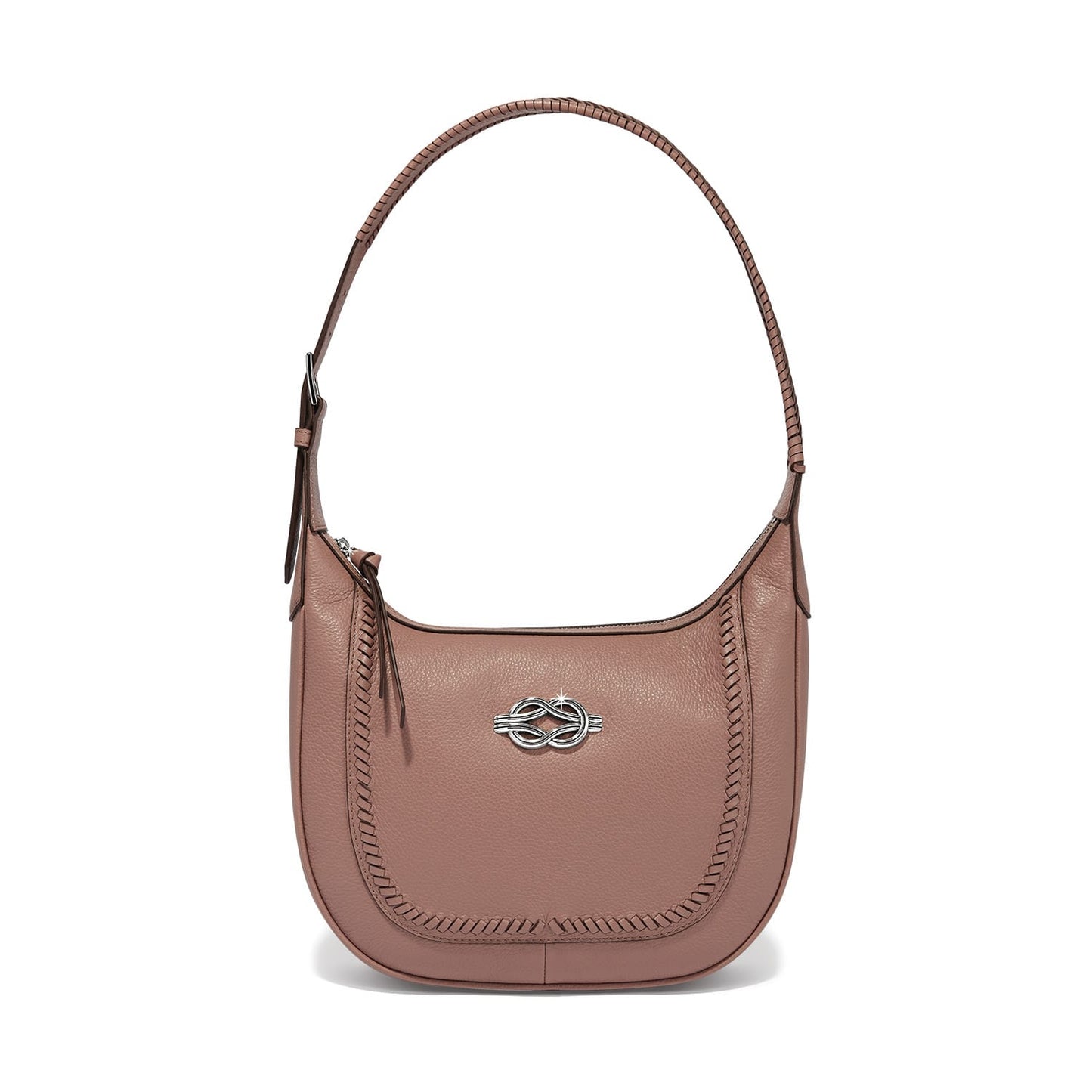 Brighton shoulder handbag in dusty pink leather with whipstitch trim and silver-tone knot emblem on a white background