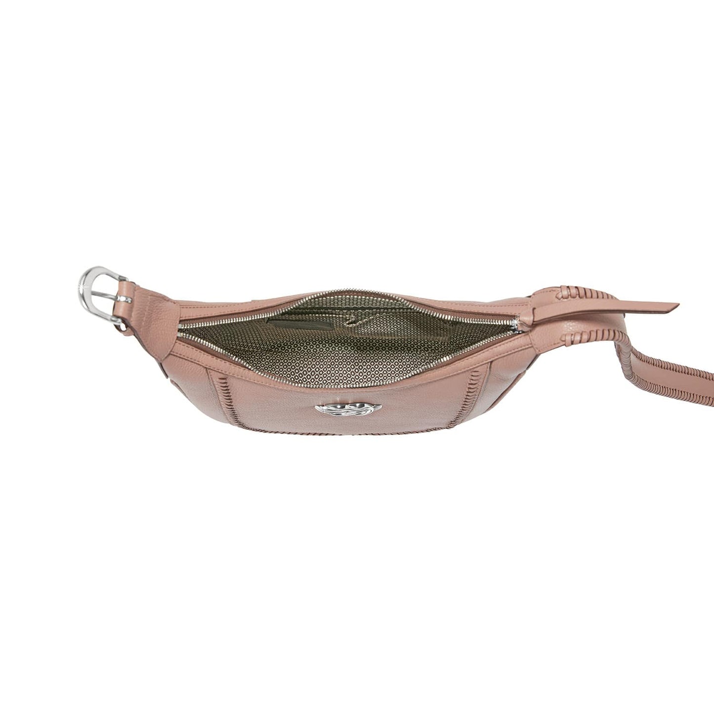 Brighton pink leather handbag shown open with patterned interior lining and silver-tone buckle strap on a white background