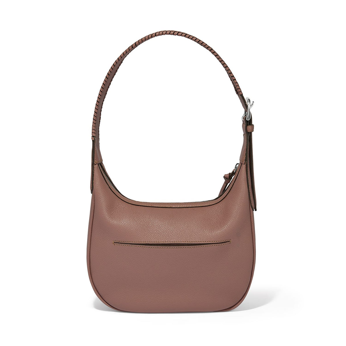 Brighton hobo handbag in mauve leather shown from the back with whipstitched shoulder strap on a white background