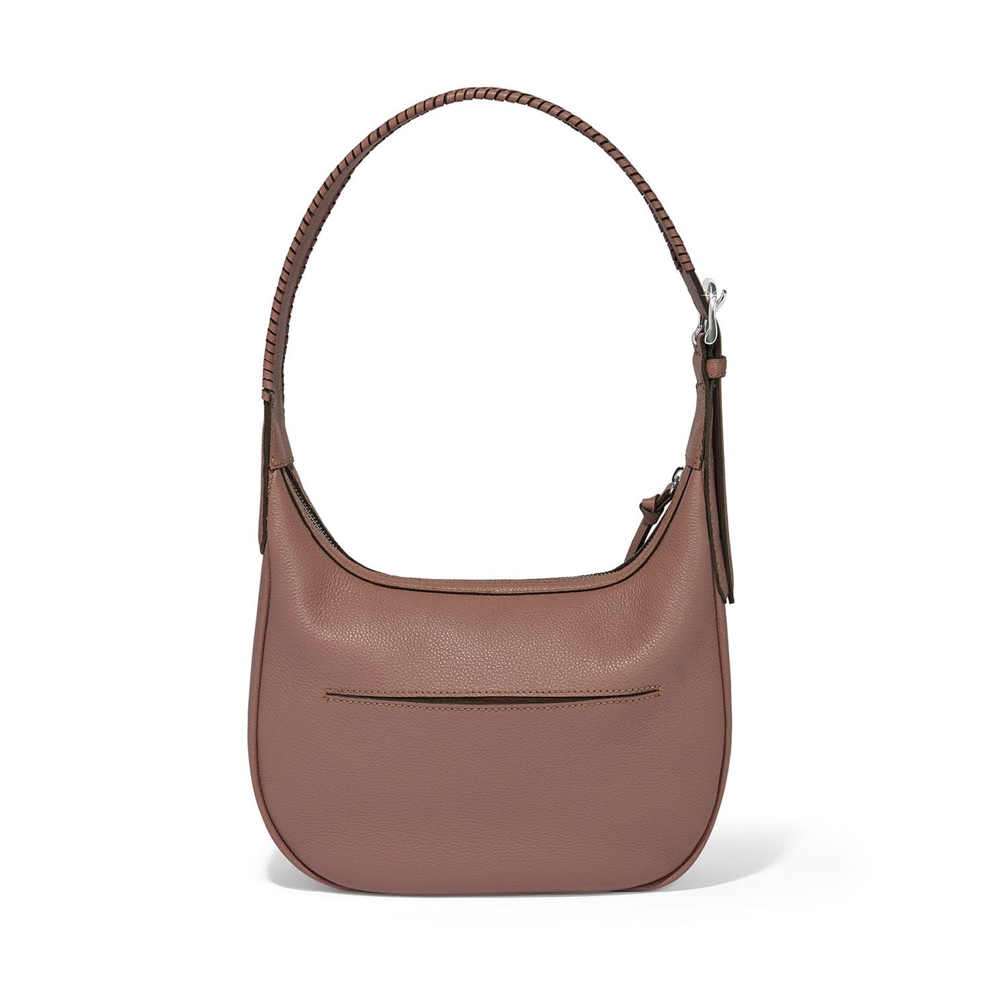 Brighton hobo handbag in mauve leather shown from the back with whipstitched shoulder strap on a white background