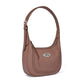 Brighton mauve leather shoulder handbag with whipstitch trim, silver-tone knot emblem, and buckle strap on a white background