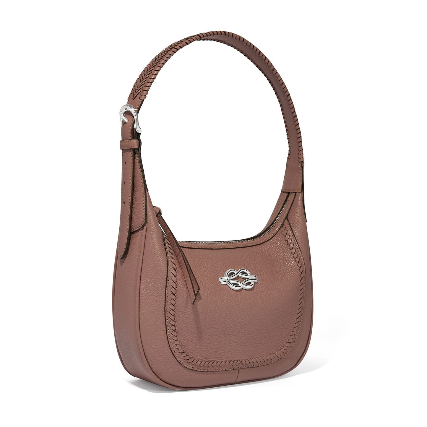 Brighton mauve leather shoulder handbag with whipstitch trim, silver-tone knot emblem, and buckle strap on a white background