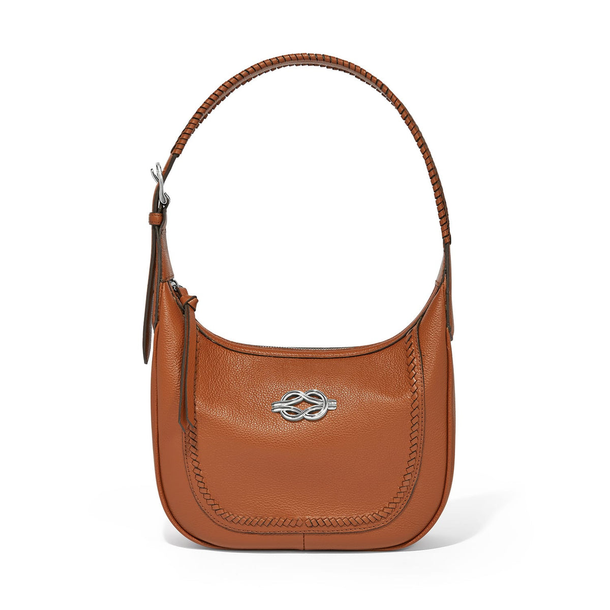 Brighton tan leather shoulder handbag with silver-tone knot clasp and whipstitched strap and trim on a white background