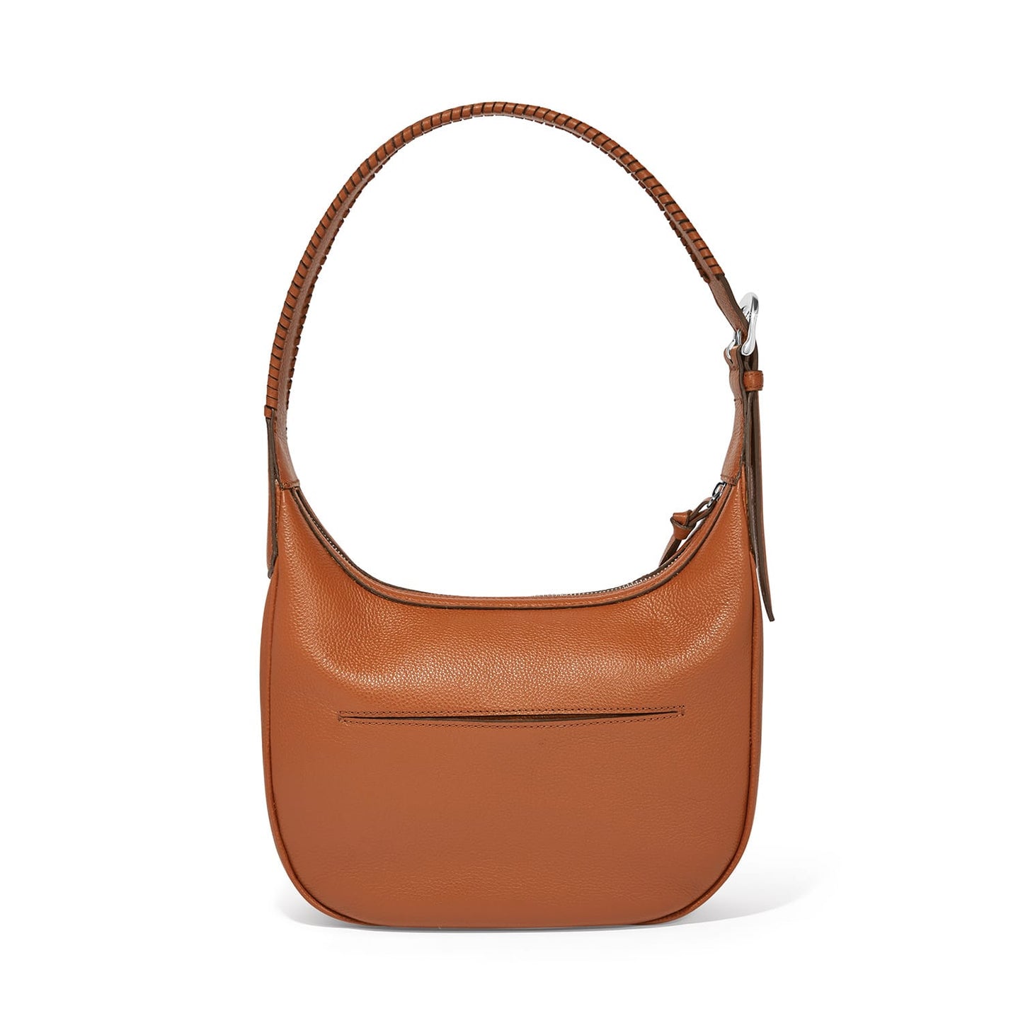 Brighton handbag shown from the back in tan leather with whipstitched shoulder strap and slip pocket on a white background