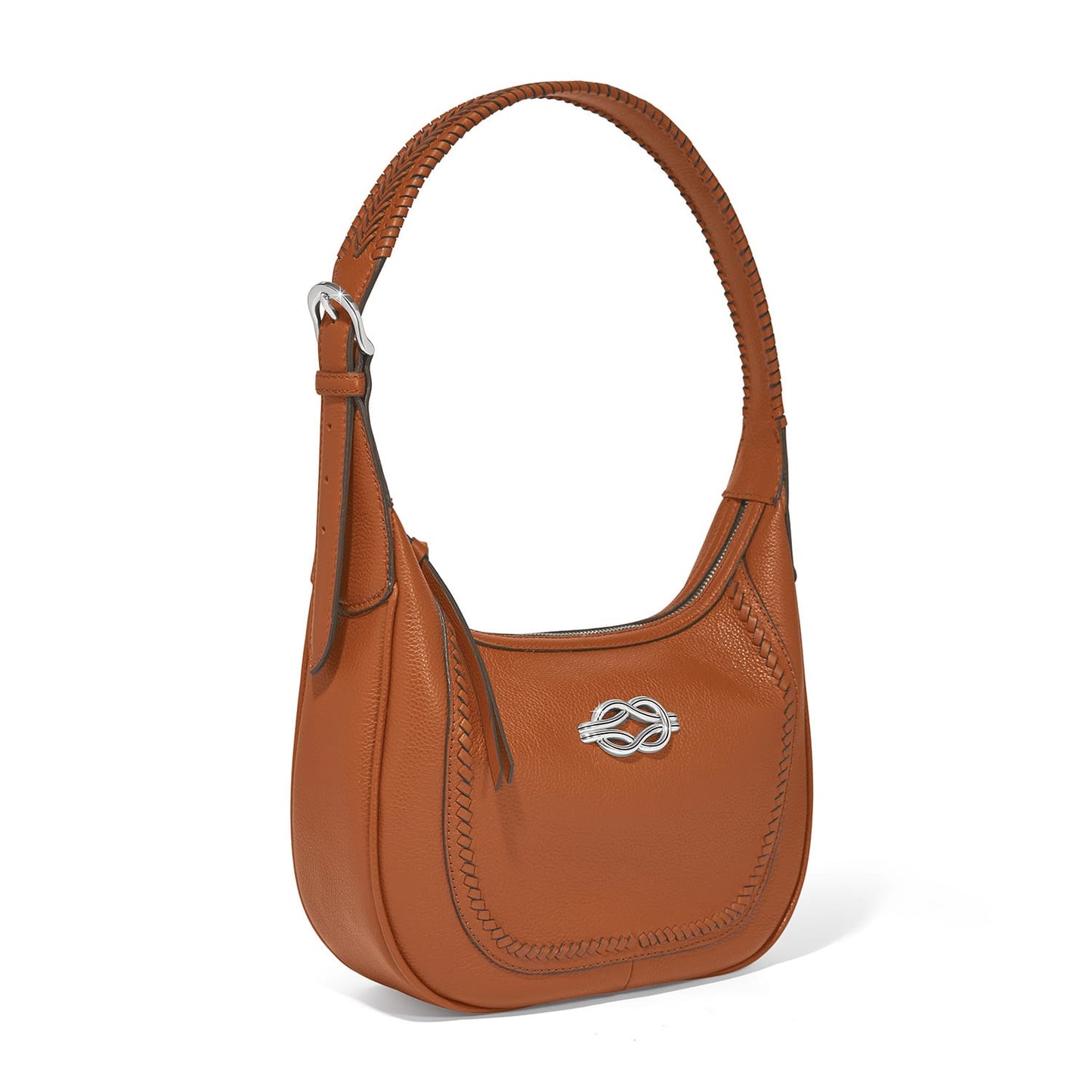 Brighton hobo handbag in tan leather with whipstitch trim, silver-tone knot accent, and adjustable strap on a white background
