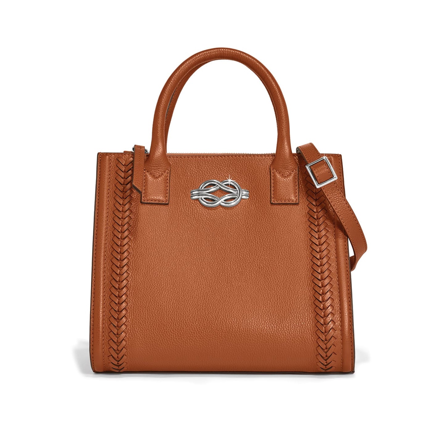 Brighton handbag in tan leather with braided side panels, silver-tone knot clasp, and adjustable strap on a white background