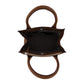 Brighton handbag interior view showing brown leather trim, patterned fabric lining, and silver-tone zipper on a white background