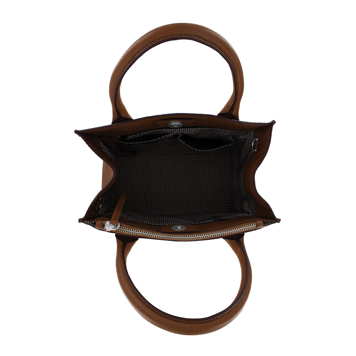 Brighton handbag interior view showing brown leather trim, patterned fabric lining, and silver-tone zipper on a white background