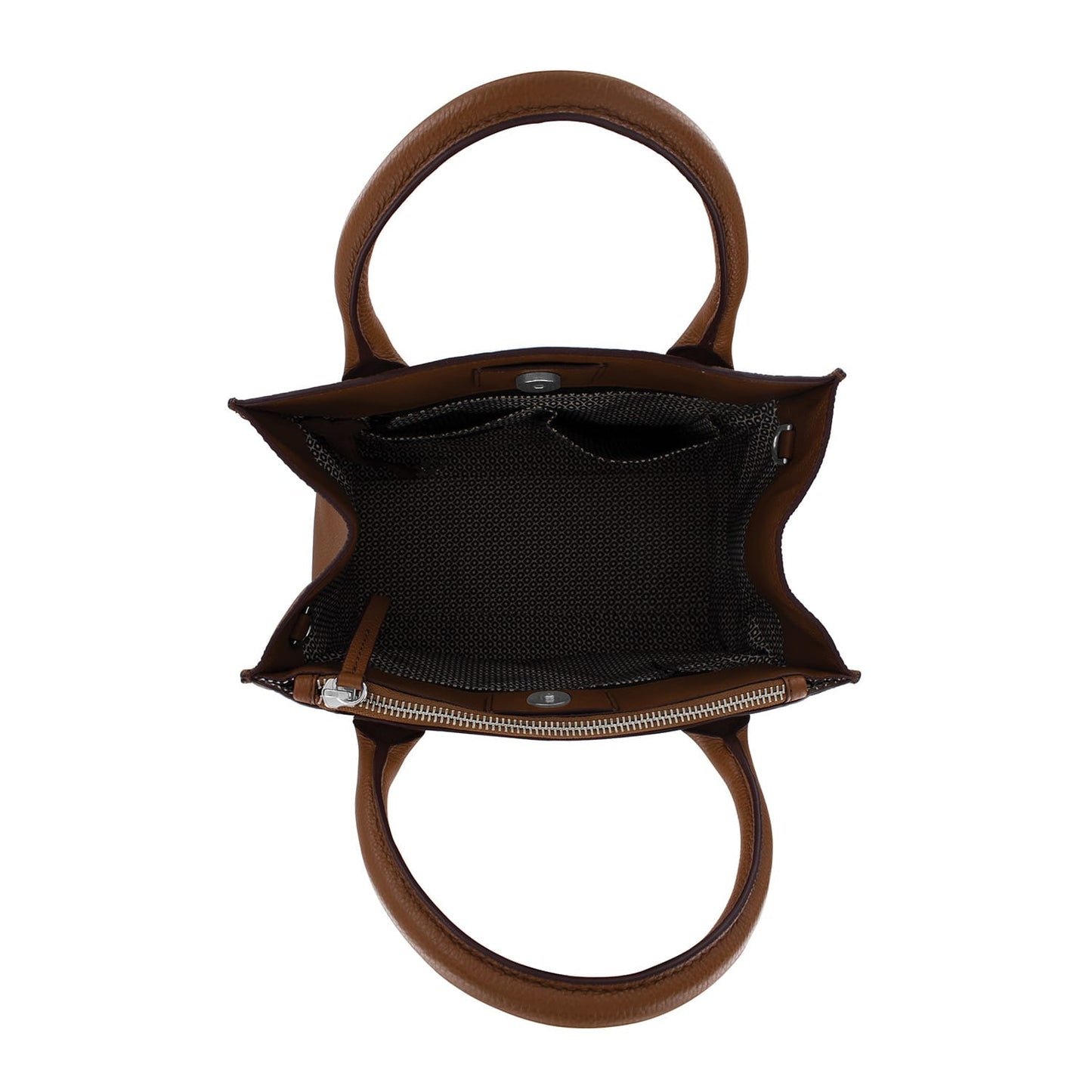 Brighton handbag interior view showing brown leather trim, patterned fabric lining, and silver-tone zipper on a white background